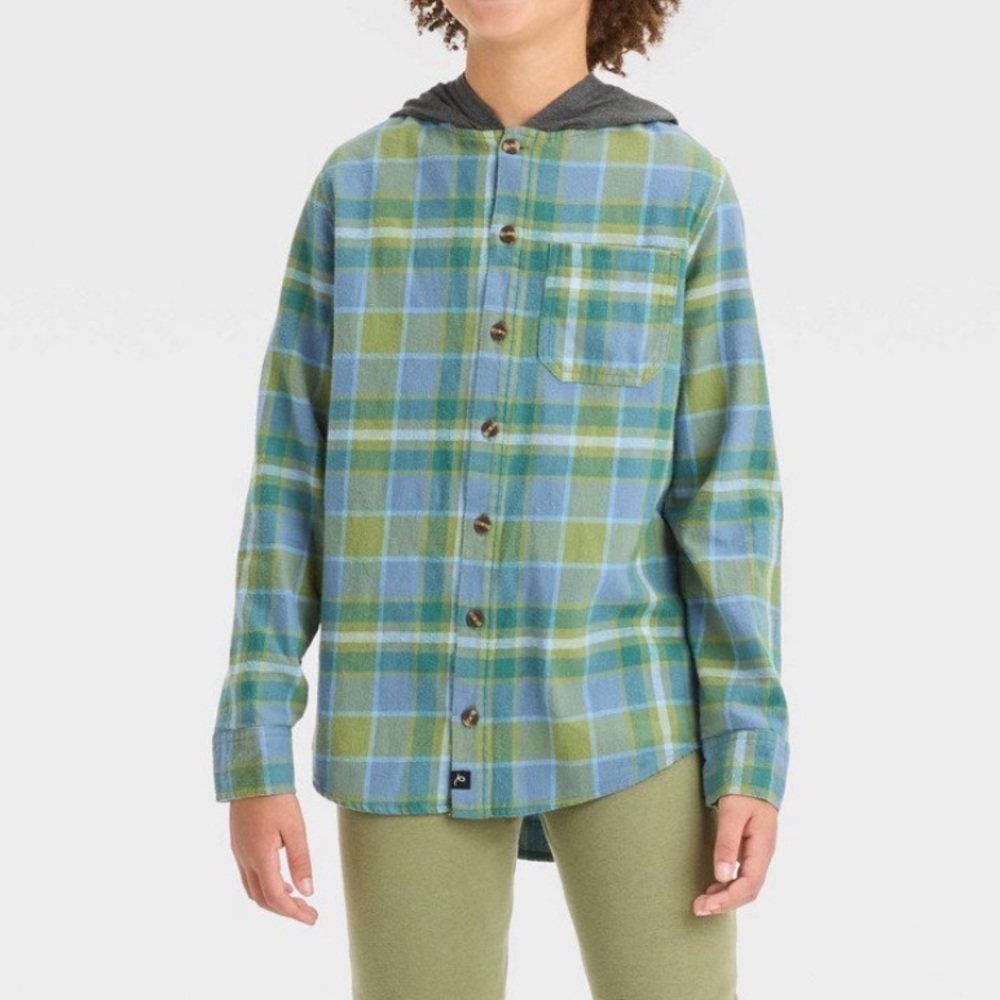 art class Green and Blue Plaid Hooded Button-Down Shirt